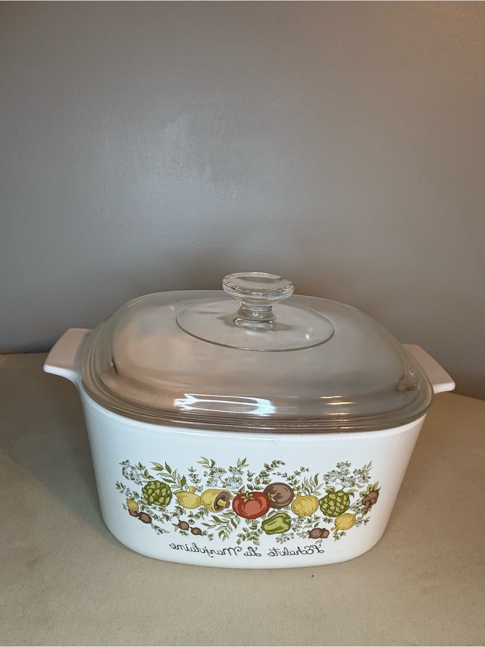 CorningWare Spice O Life White Casserole Dish with Vegetable Pattern and Glass